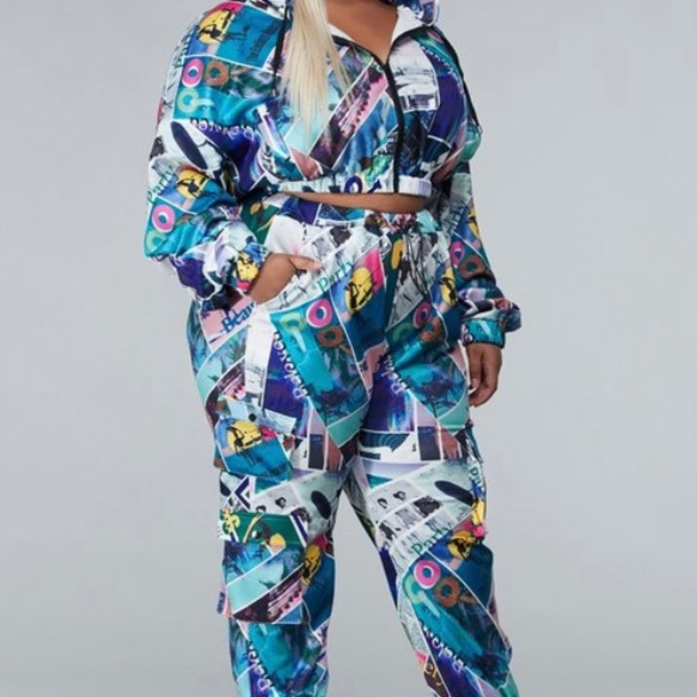 Plus size Cute blue newspaper 2 piece